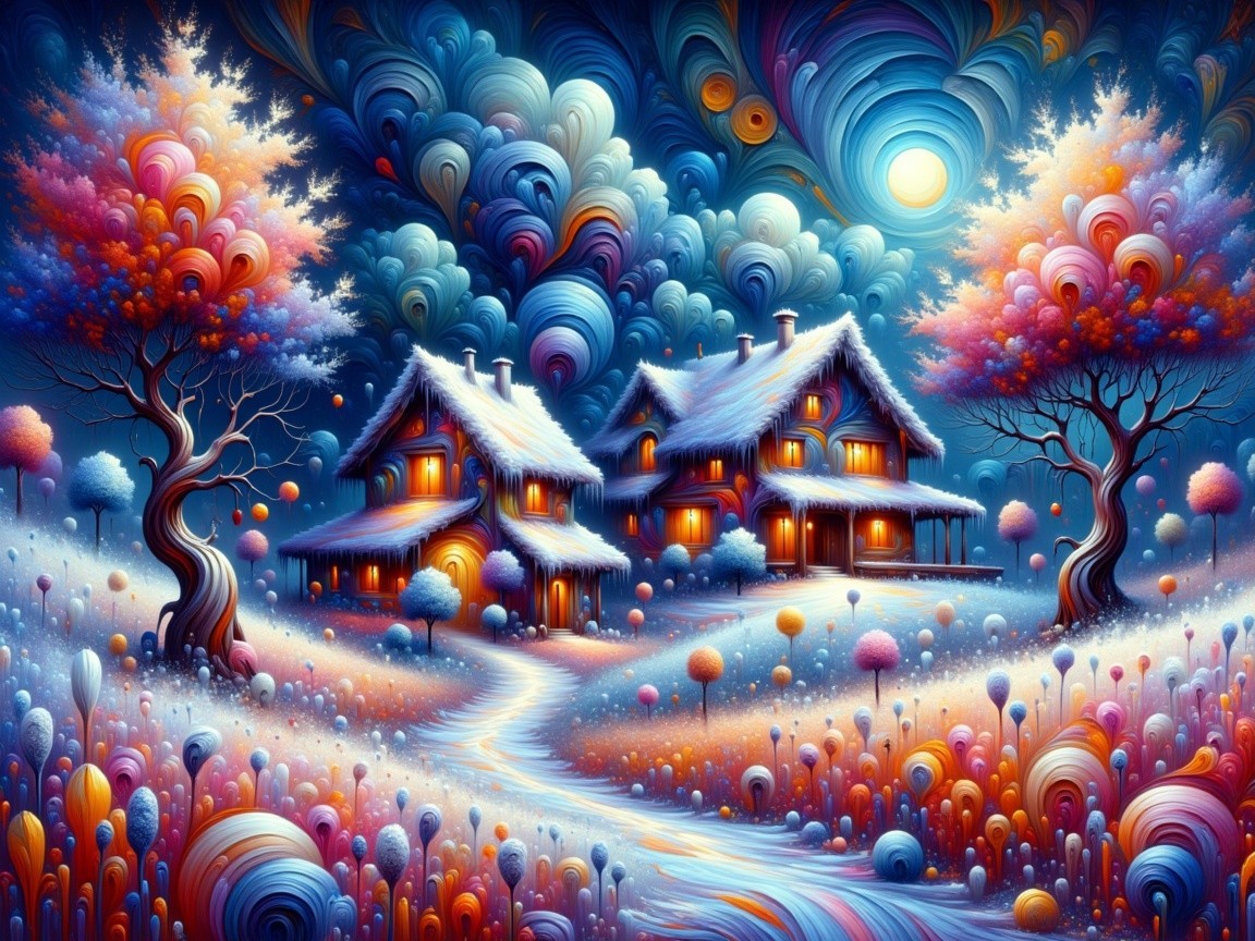 Vibrant Winter Landscape with Cozy Houses and Trees