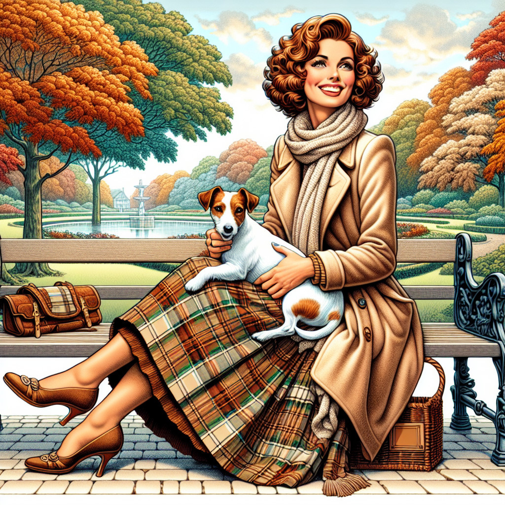 Woman with Curly Hair and Dog in Autumn Park Setting