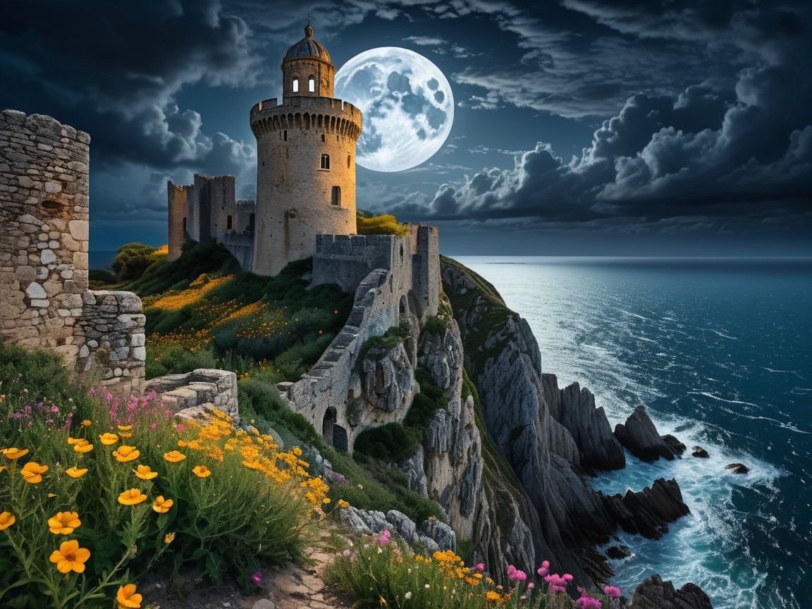 Castle on Cliff Overlooking Ocean at Night