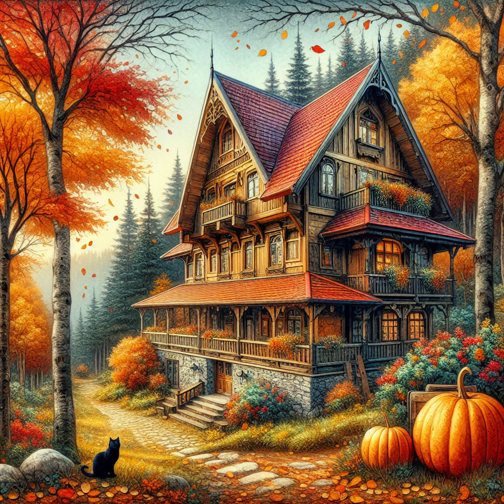 Rustic house in vibrant autumn foliage with gardens