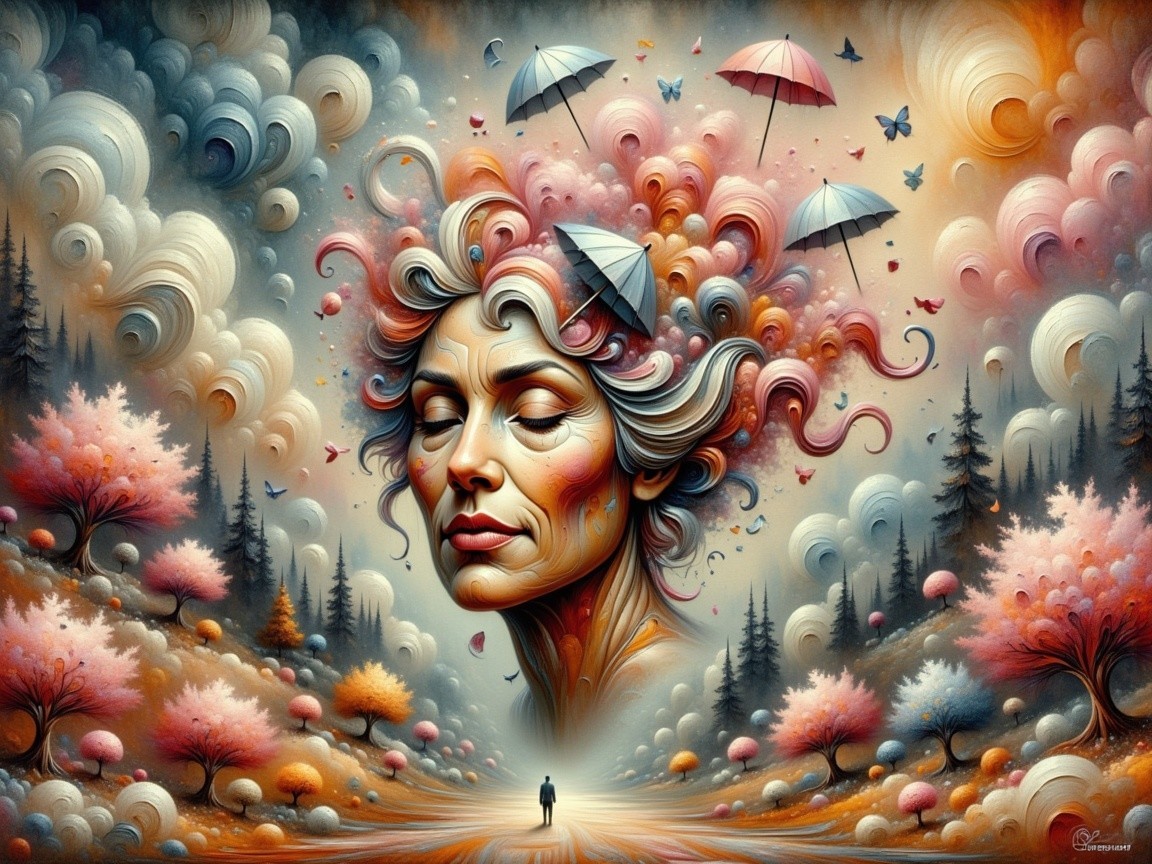 Surreal Landscape with Giant Woman's Face and Clouds