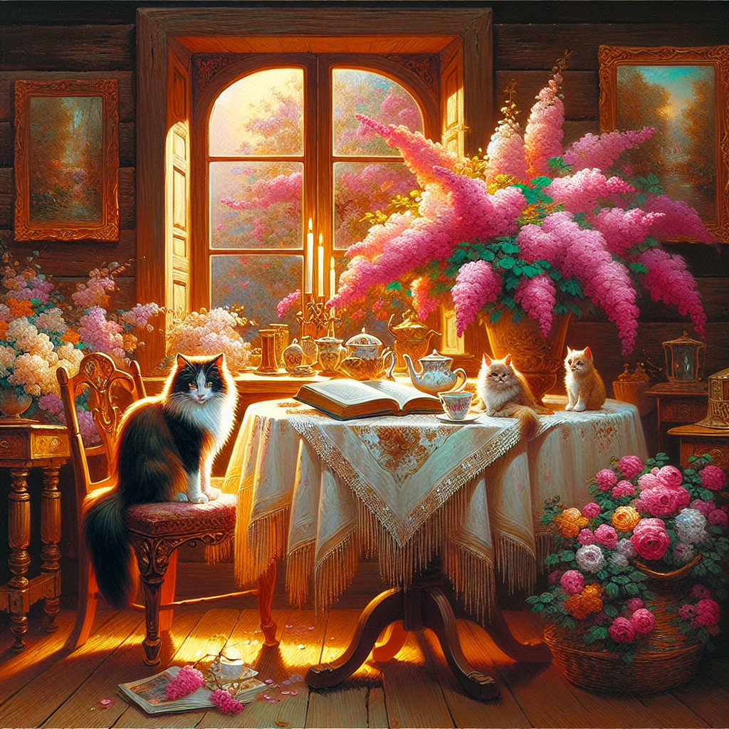 Cozy Sunlit Room with Cats and Antique Decor