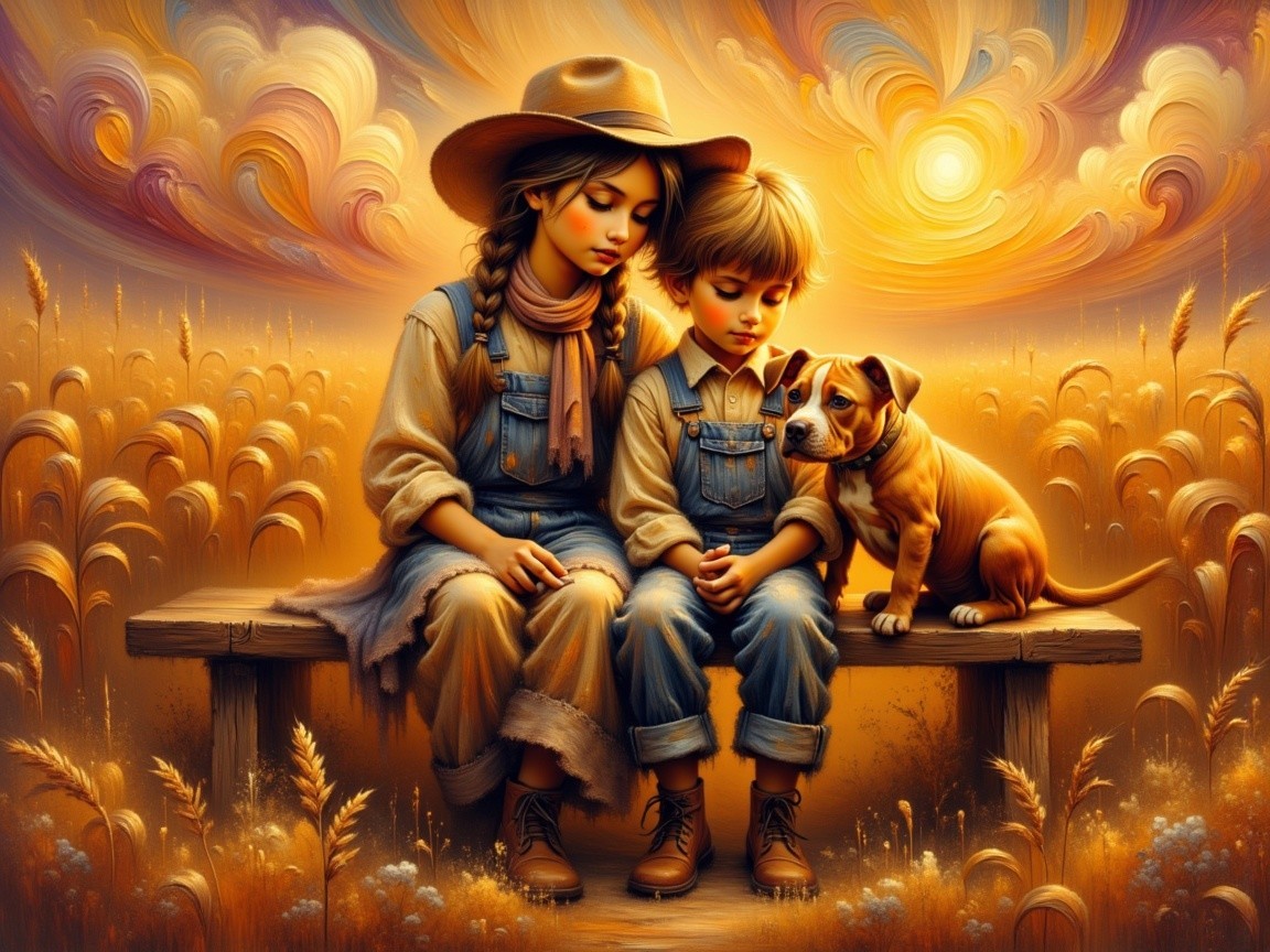 Young Girl and Boy in Golden Wheat Field at Sunset