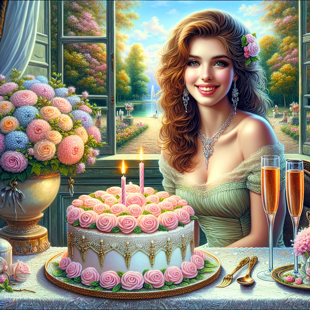 Young woman celebrating with cake in a garden setting