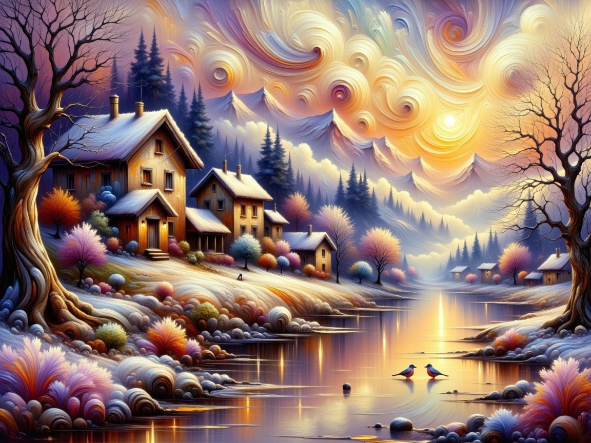 Vibrant village landscape by a reflective river at dawn