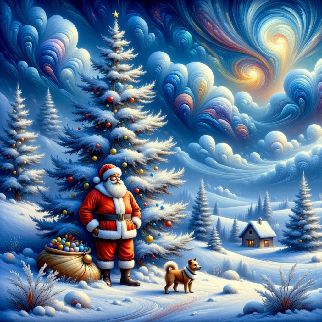 Whimsical Winter Scene with Santa and Christmas Tree