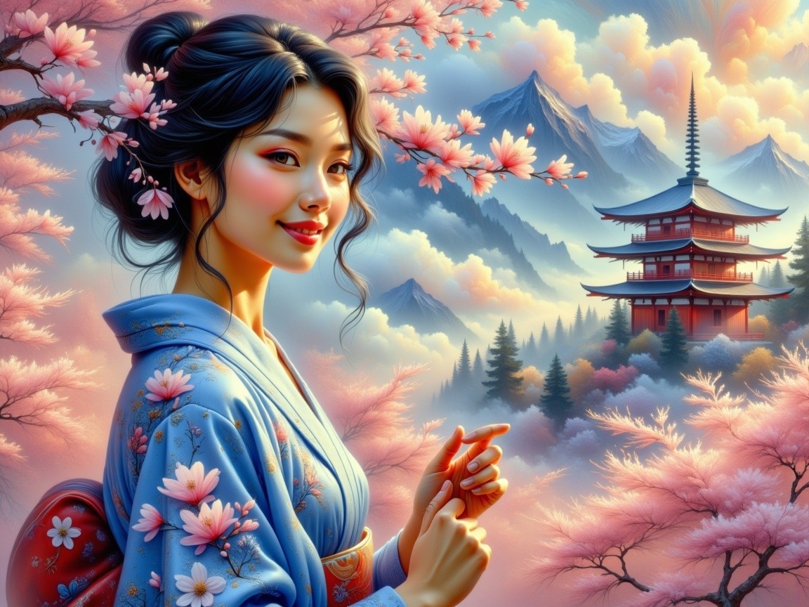 Young Woman in Blue Kimono Among Cherry Blossoms