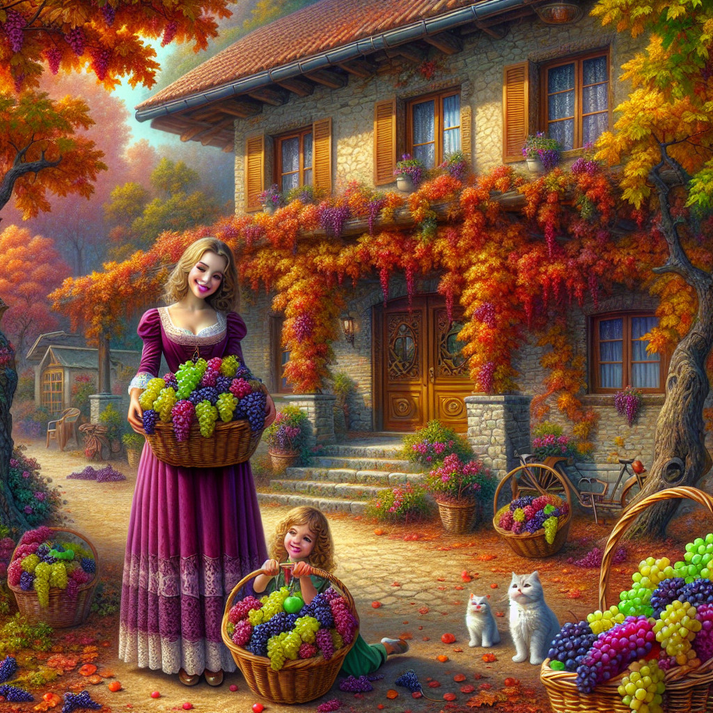 Autumn Scene with Woman and Girl Gathering Grapes