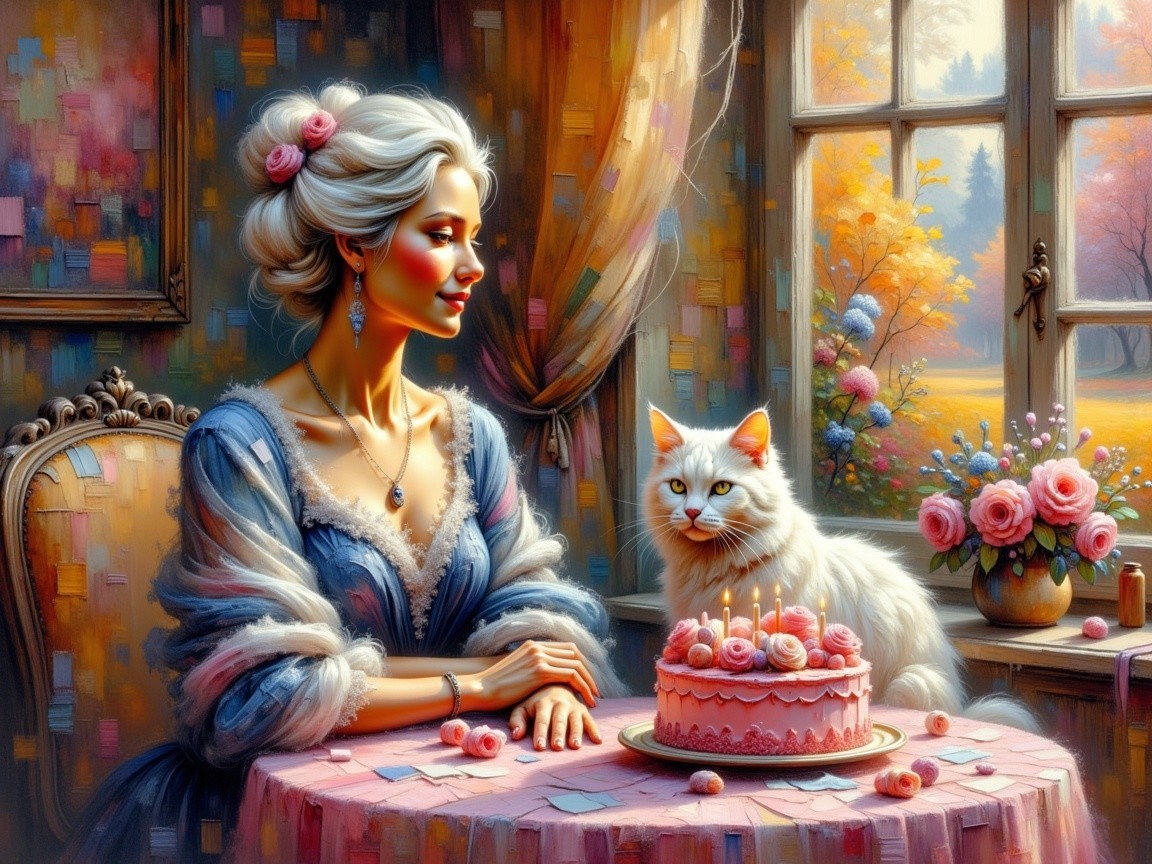 Elegant Woman in Blue Dress with Autumn Decor