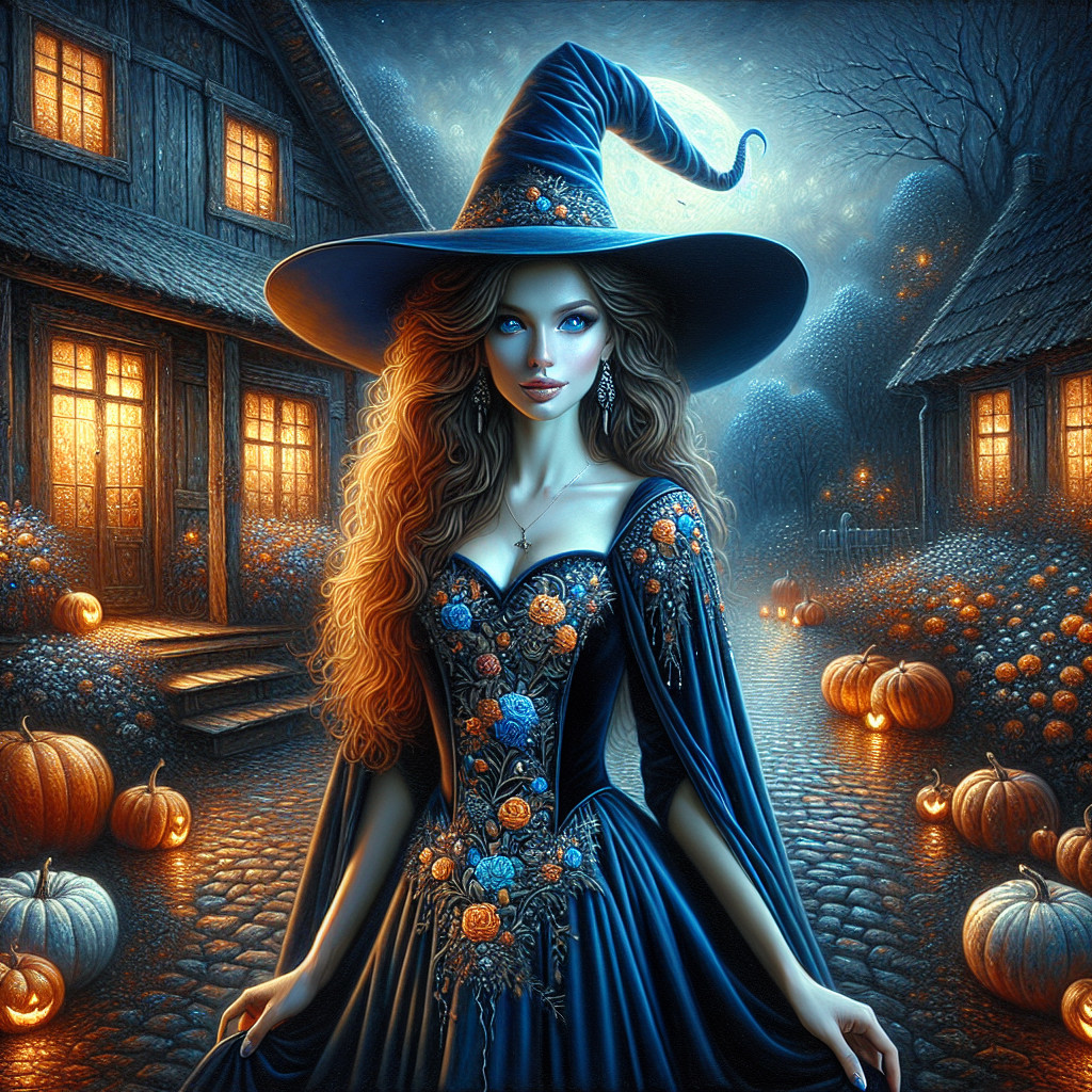 Witch in Ornate Gown Amidst Enchanted Village Scene