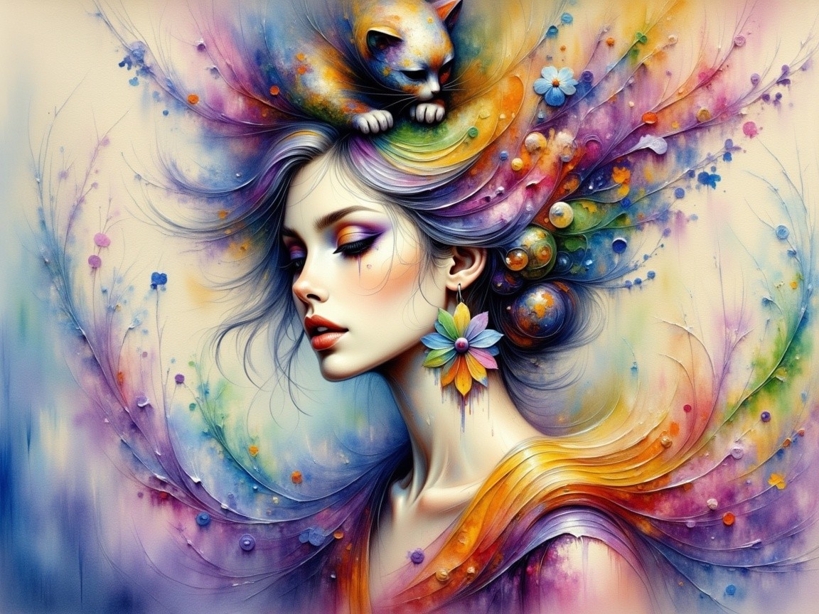 Colorful Portrait of a Young Woman with Cat and Flowers