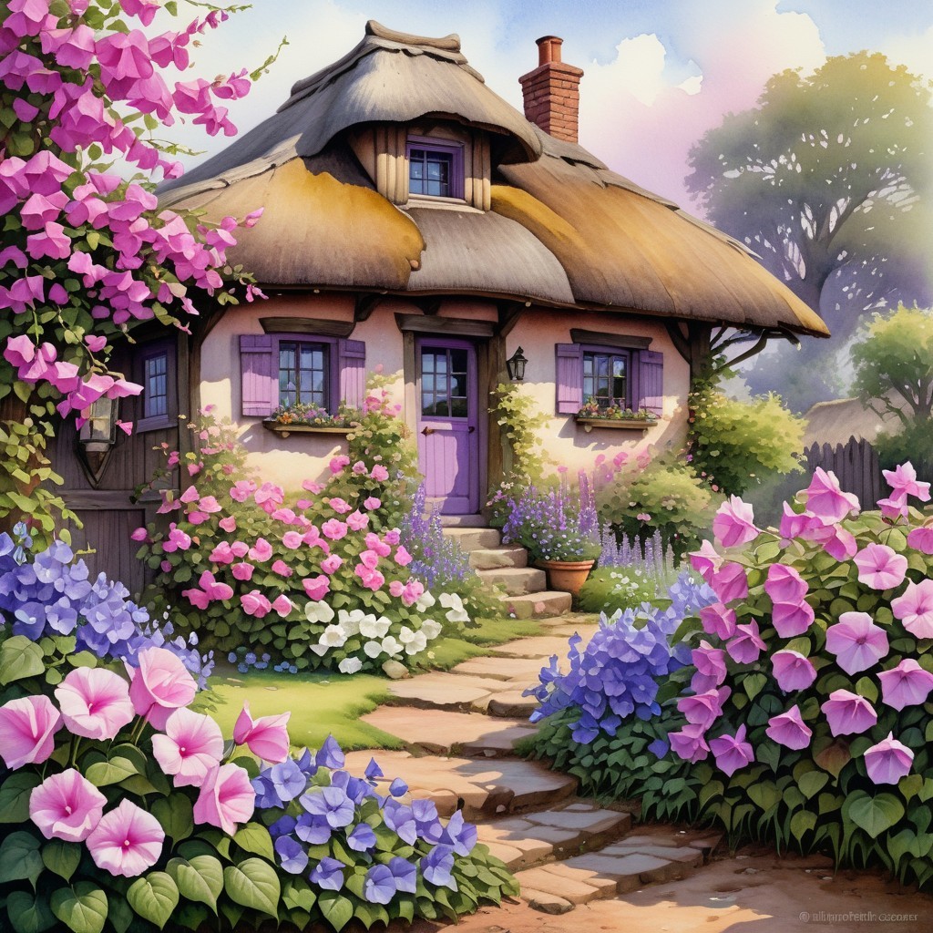 Charming Cottage with Thatched Roof and Vibrant Garden