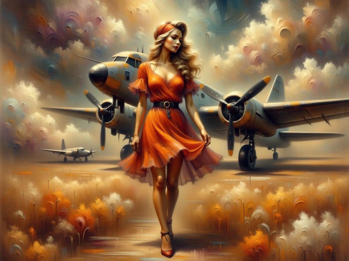 Woman in Orange Dress in Dreamlike Landscape with Planes