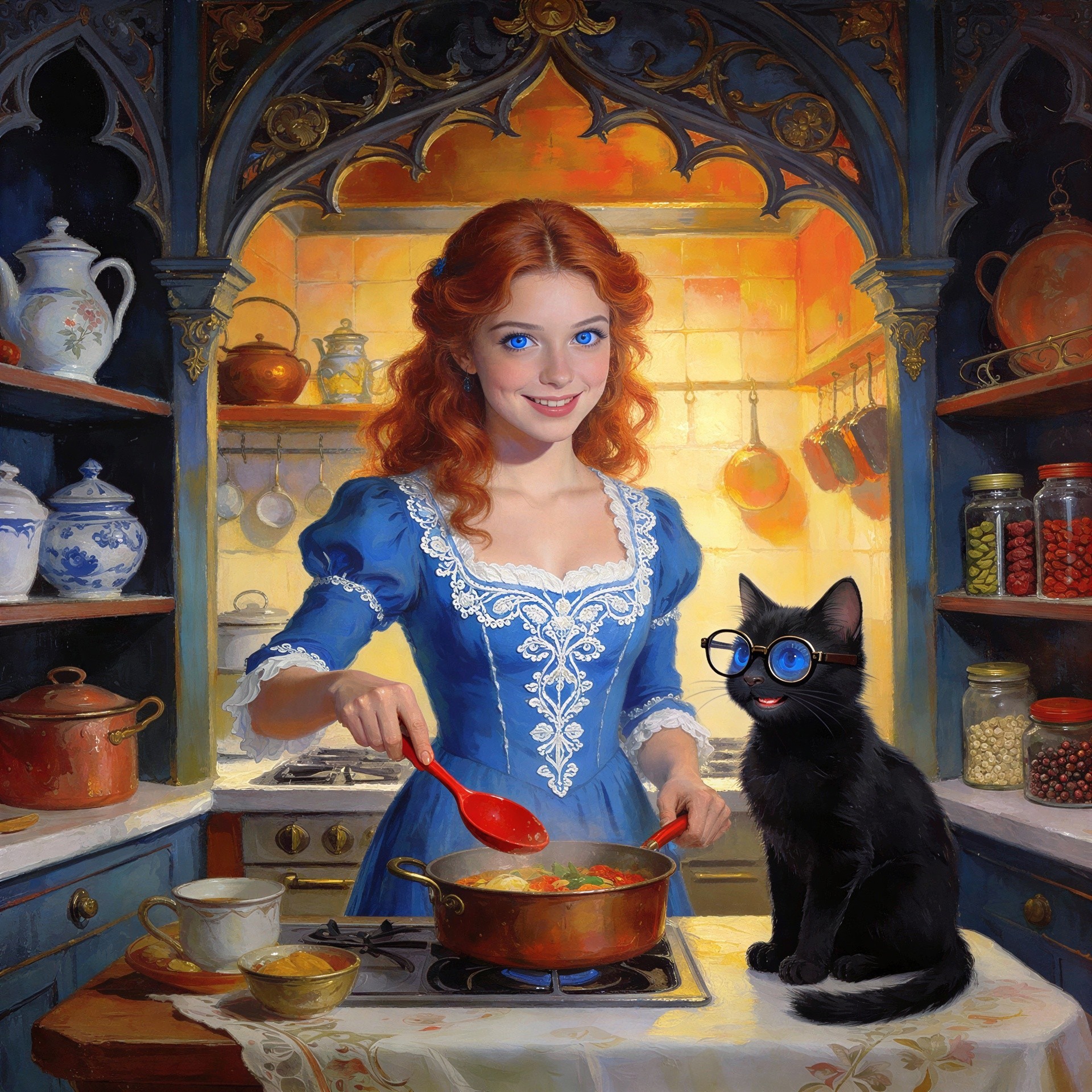 Impressionist Painting of Woman Cooking with Cat