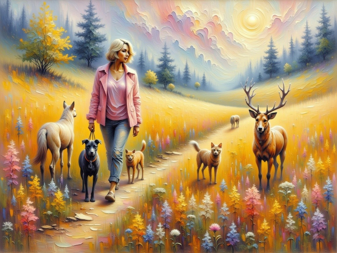 Serene landscape with woman, dogs, and grazing deer