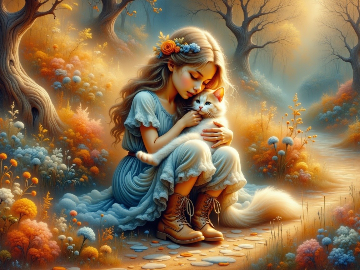 Young girl in blue dress with cat in magical forest