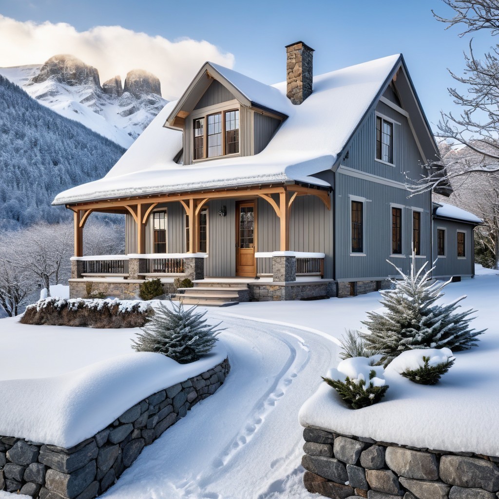 Gray cottage in a snowy winter landscape with mountains