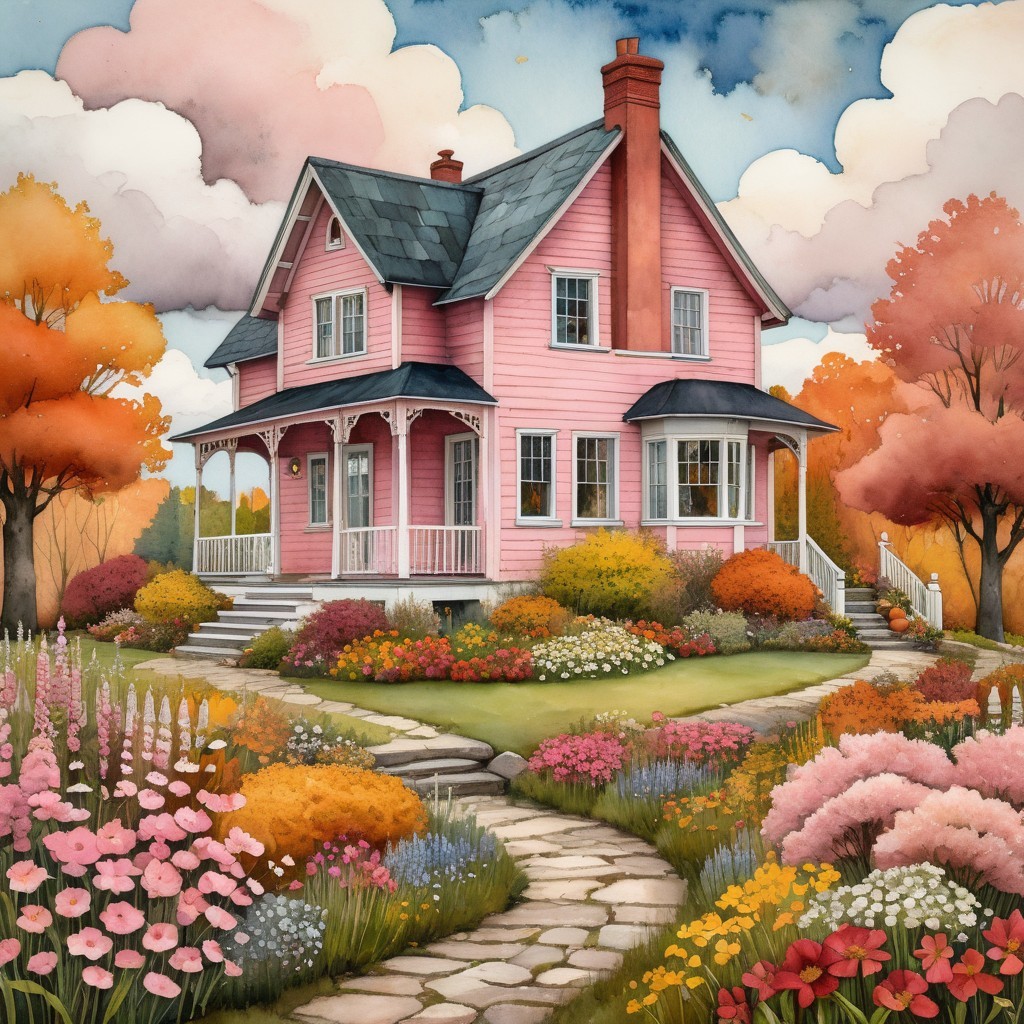 Charming Pink House Surrounded by Autumn Foliage