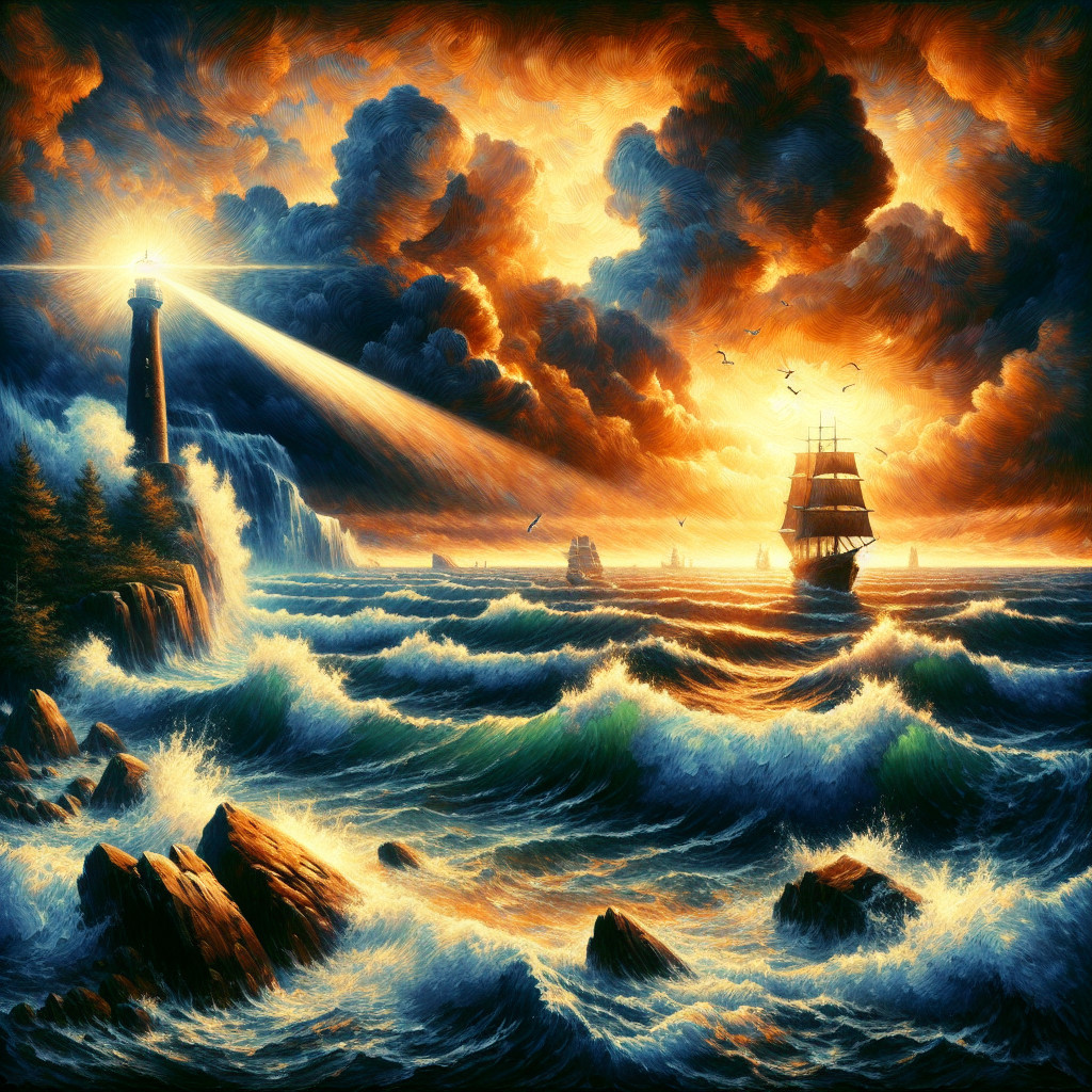 Dramatic Seascape with Lighthouse and Tumultuous Waves