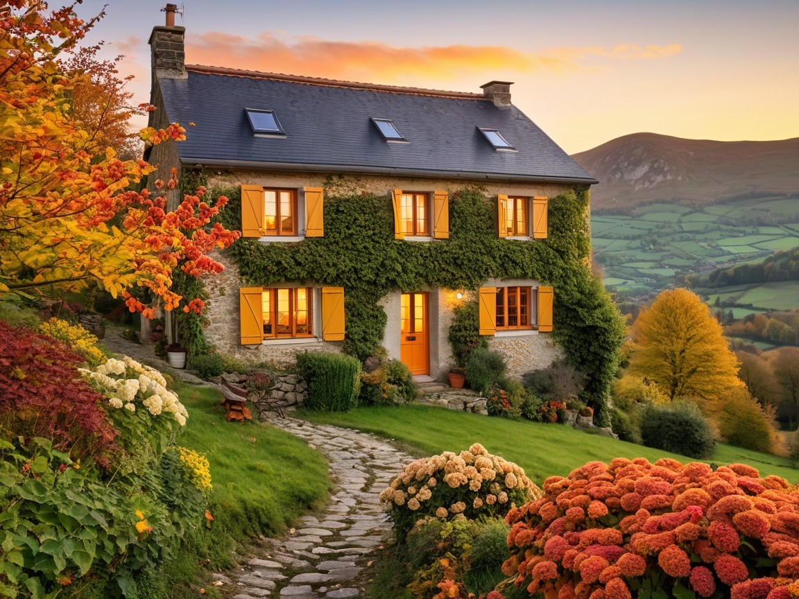 Charming Stone House with Orange Shutters in Autumn