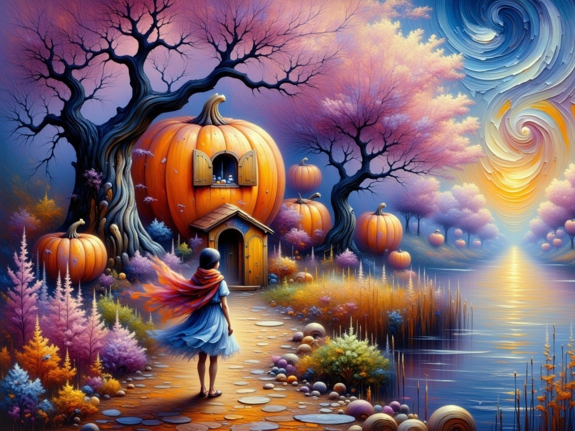 Whimsical Autumn Scene with Girl and Carved Pumpkin House
