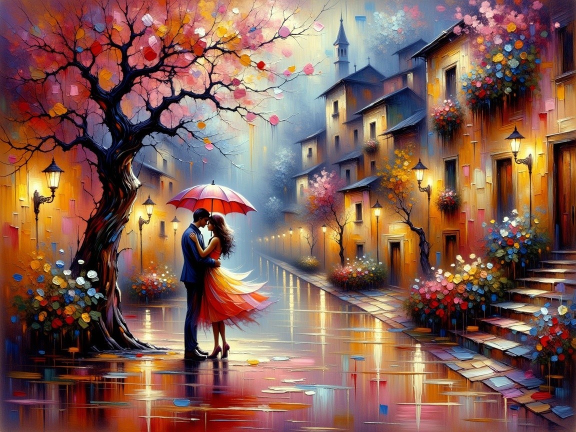 Romantic Sunset Scene with Couple Under Umbrella