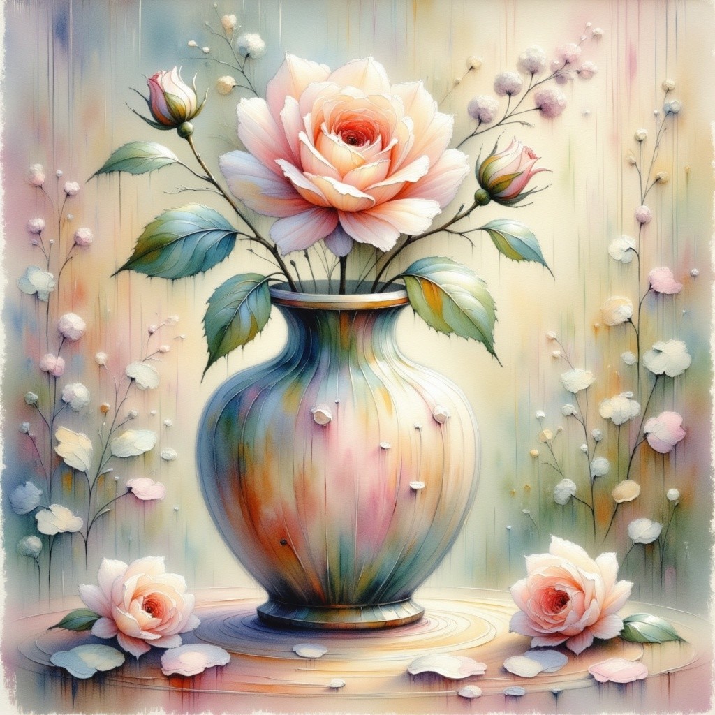 Painted Vase with Pink Rose and Pastel Background