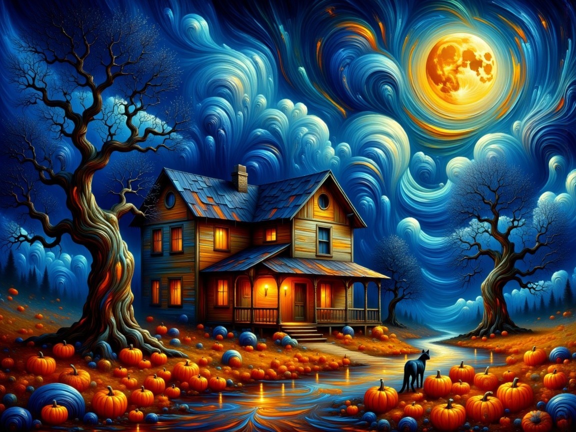 Enchanted Night with Cozy House and Moon