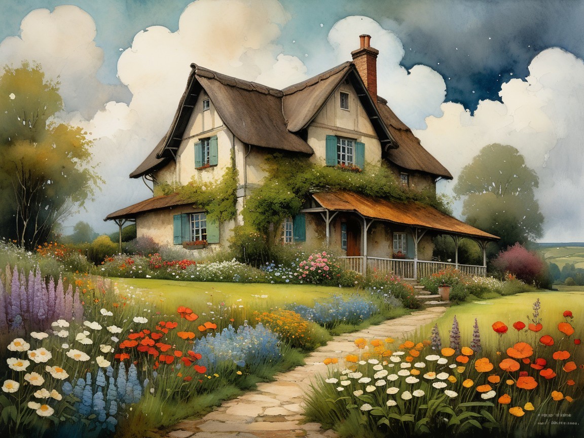 Charming Cottage Surrounded by Vibrant Garden and Sky
