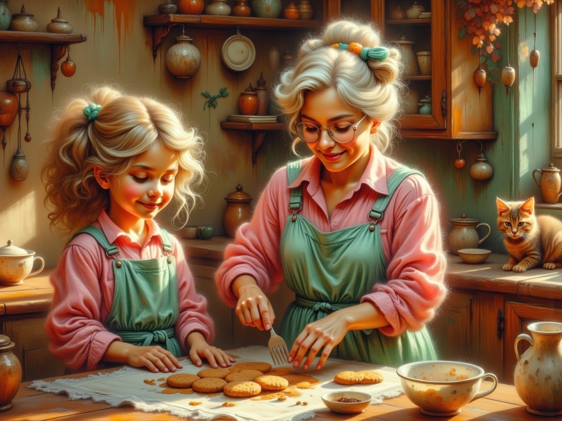 Grandmother and granddaughter bake cookies in cozy kitchen