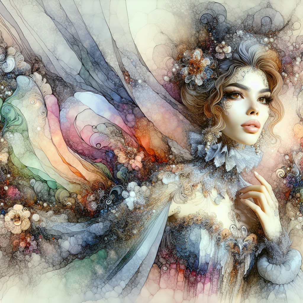 Ethereal figure in pastel fabrics and floral motifs