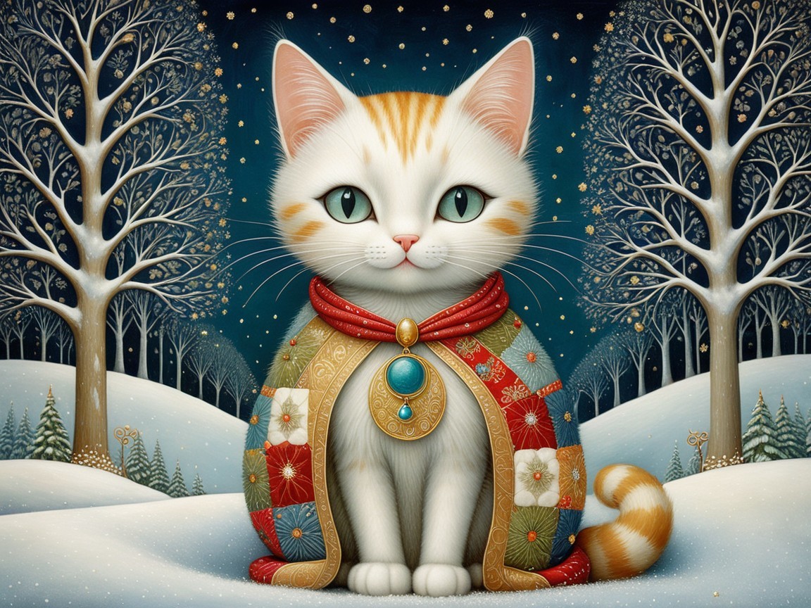Ginger and White Cat in Snowy Winter Landscape