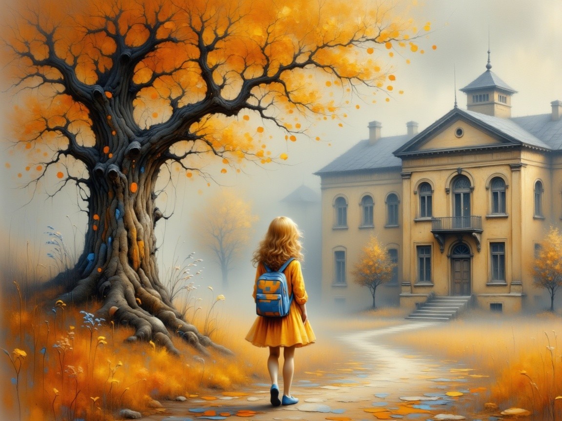 Young girl in yellow dress by autumn foliage and tree