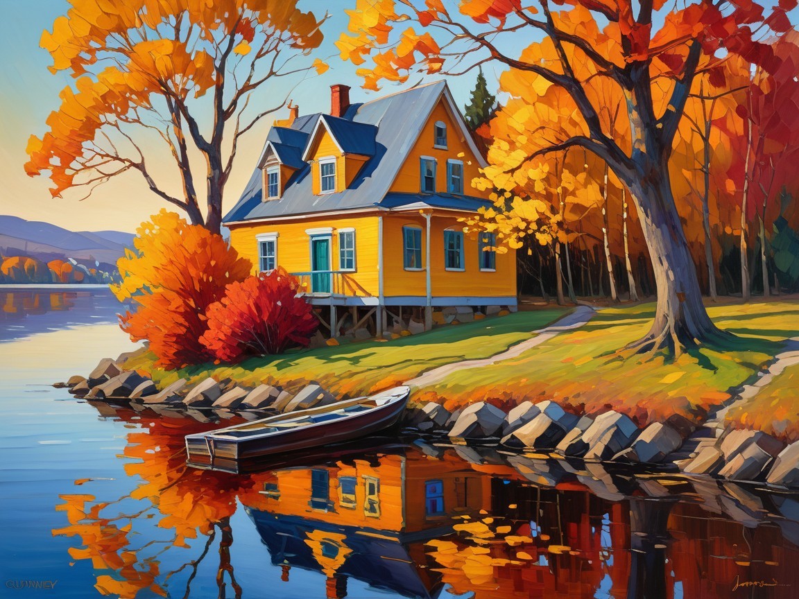 Charming Yellow House by Serene Lake in Autumn Foliage