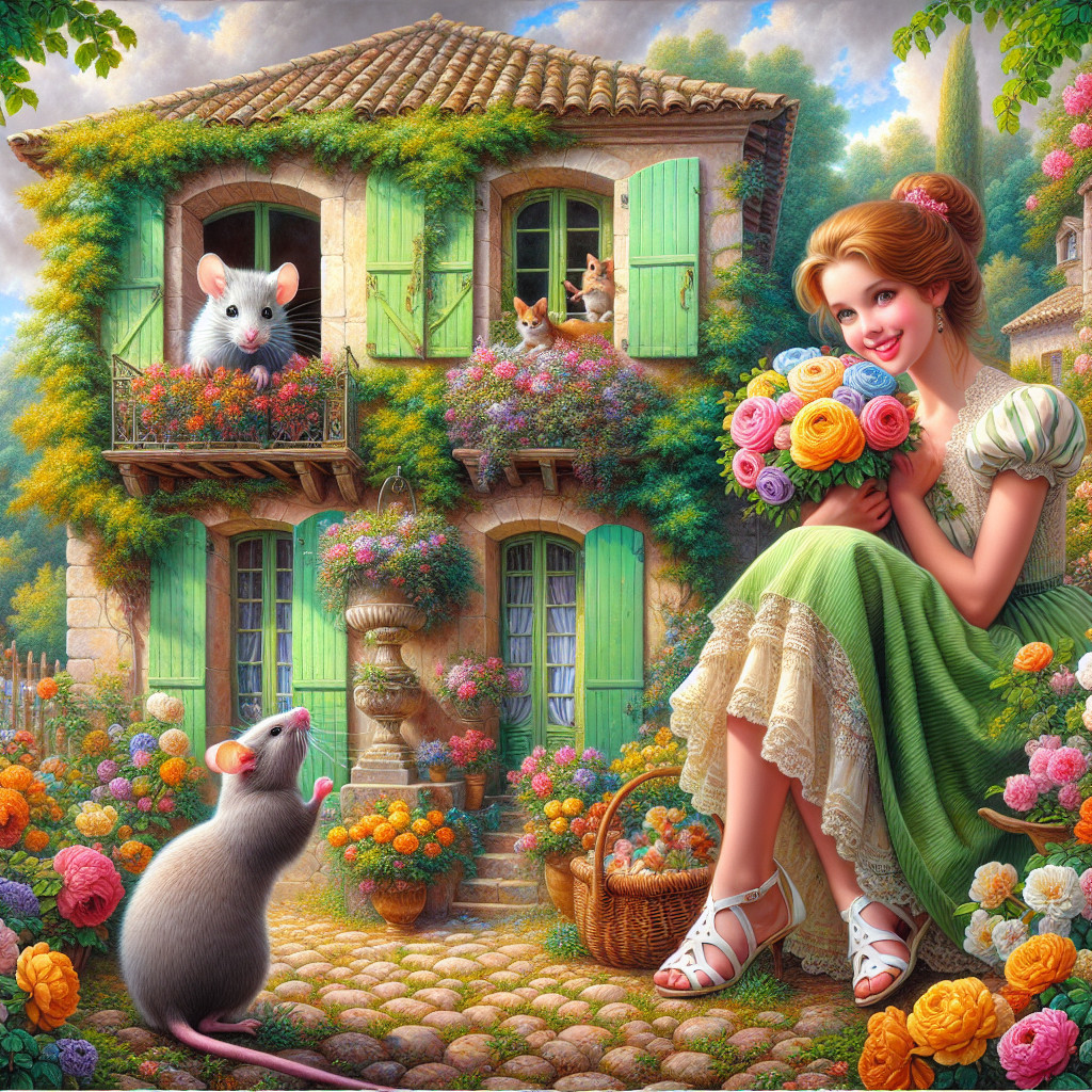 Whimsical Scene of a Young Woman with Flowers