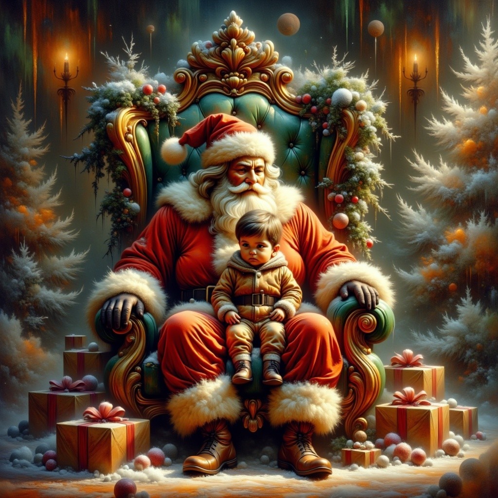 Santa Claus in festive setting with child and presents