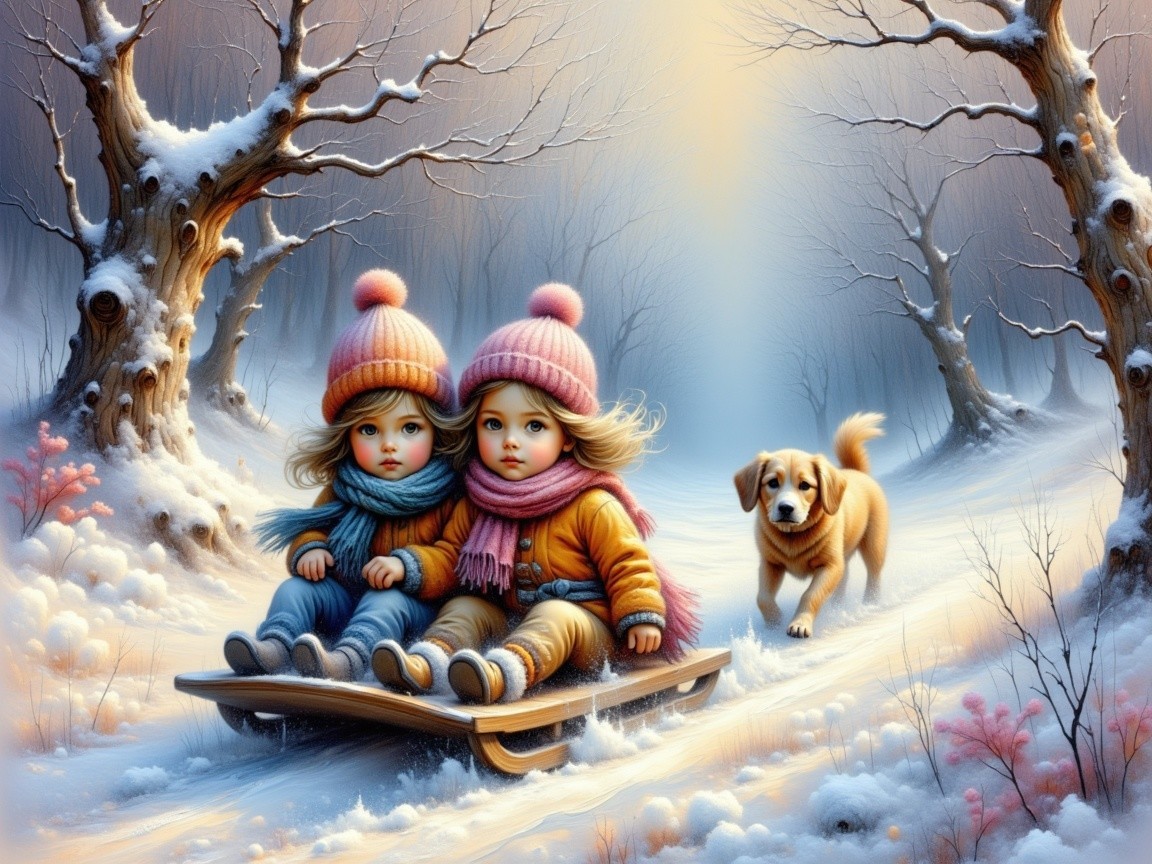 Joyful girls on sled with golden retriever in winter
