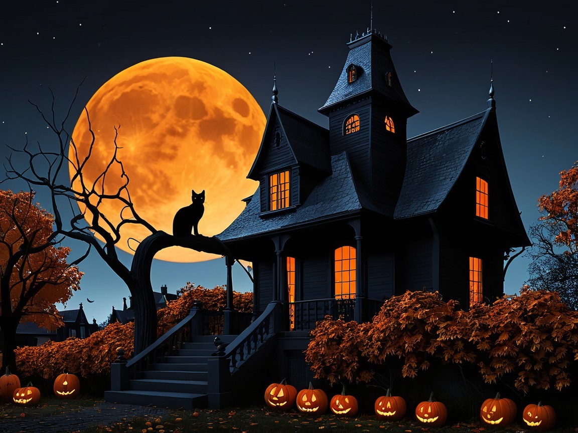 Eerie Halloween Mansion with Glowing Windows and Pumpkins