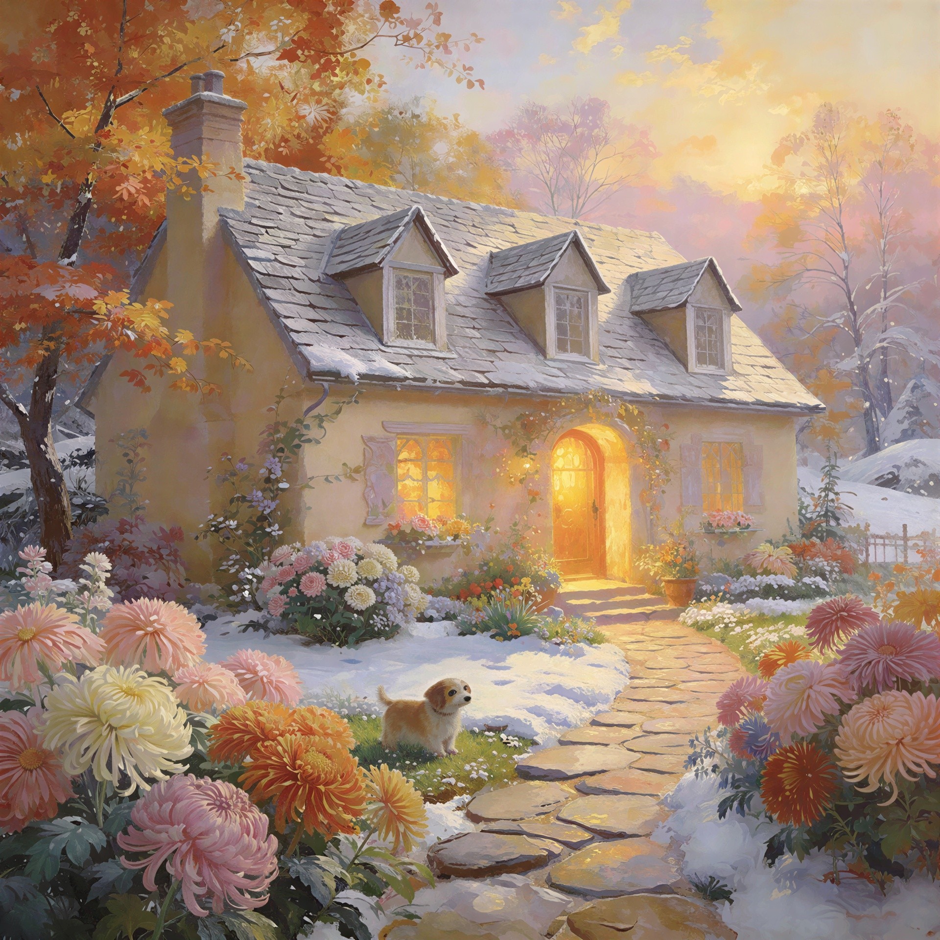 Winter Oil Painting of a Yellow Cottage in Snow