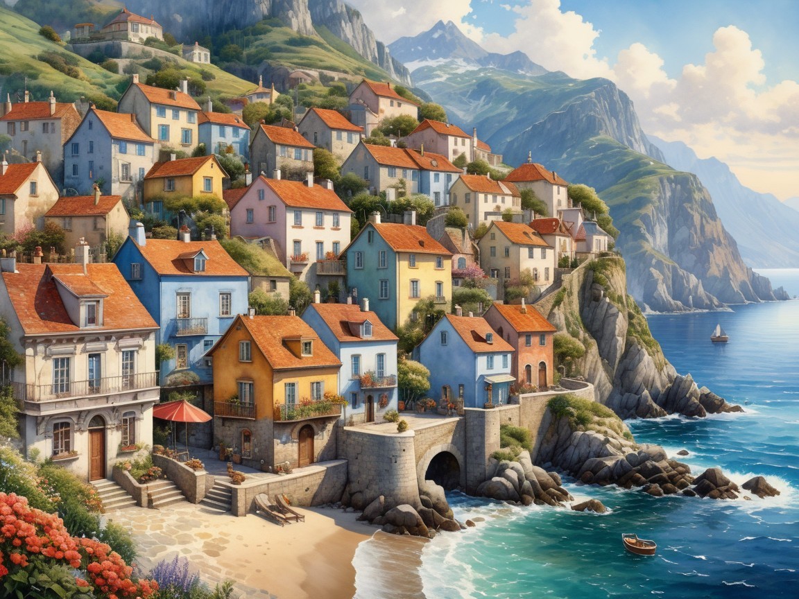 Coastal Village with Colorful Houses and Scenic Views