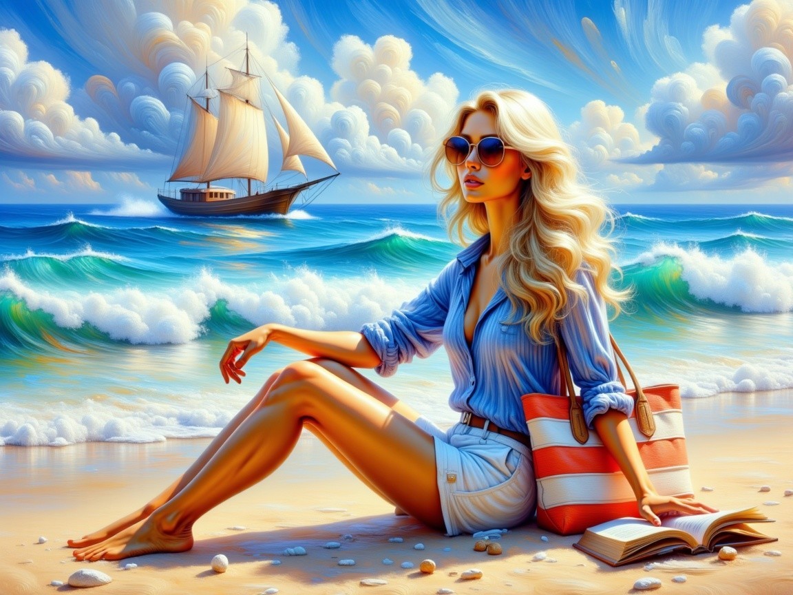 Glamorous Woman Relaxing on Sunlit Beach Scene