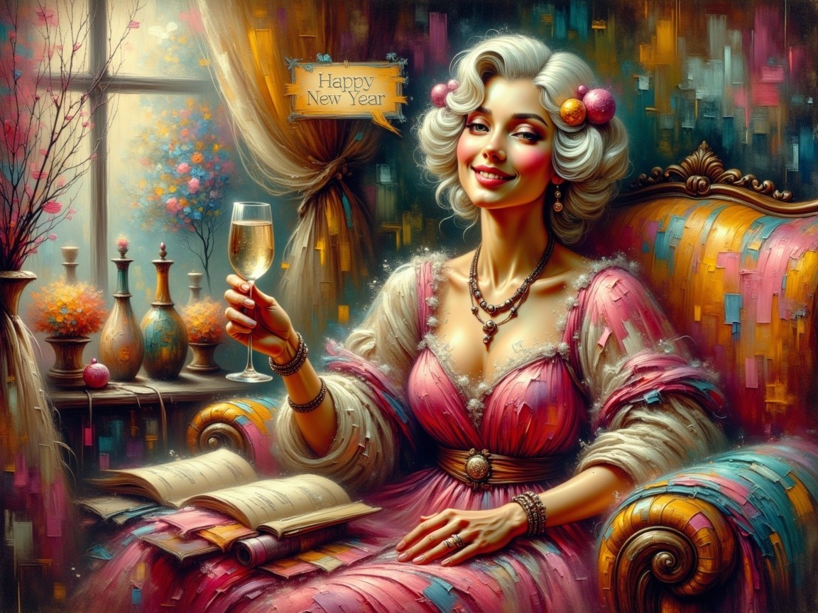 Neoclassical Painting of Joyful Woman in Elegant Gown