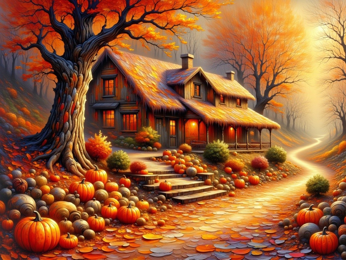 Cozy cottage surrounded by vibrant autumn scenery