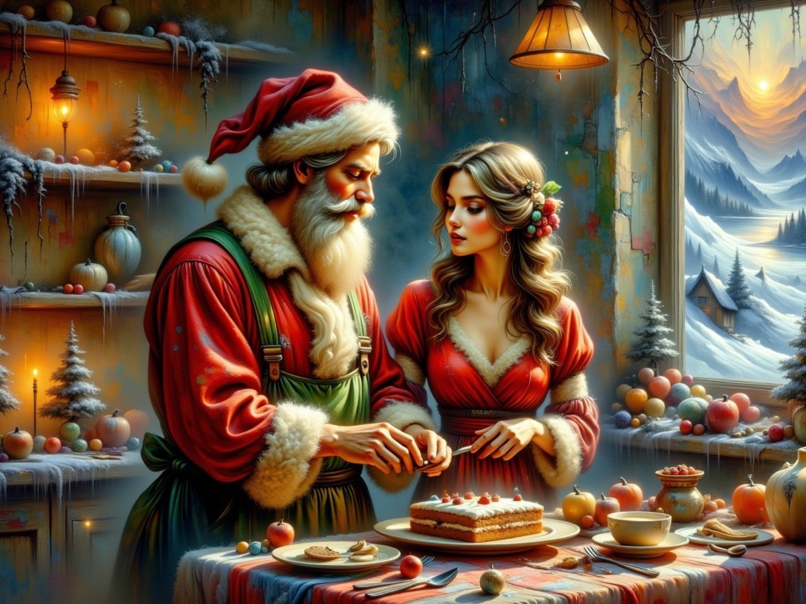 Santa Claus and Woman in Festive Christmas Room