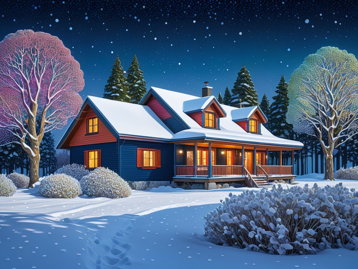 Charming House in Serene Winter Landscape at Night