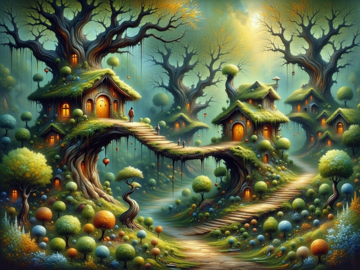 Enchanted forest with glowing tree houses and flora