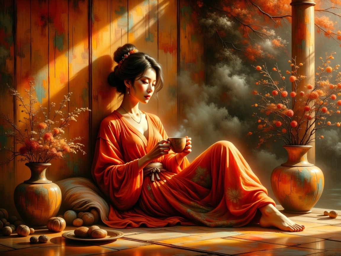 Serene Woman in Orange Kimono with Teacup and Flowers