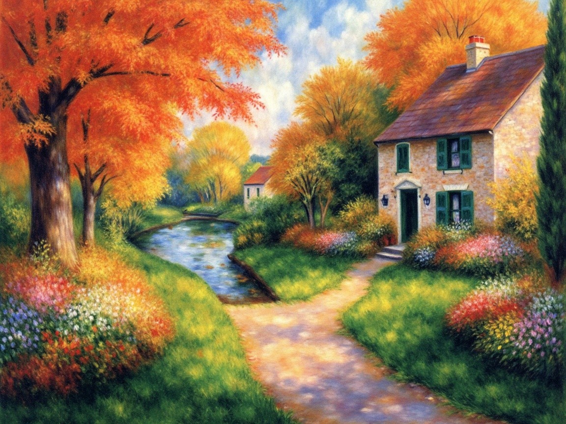 Charming Stone Cottage by a Serene Autumn Stream