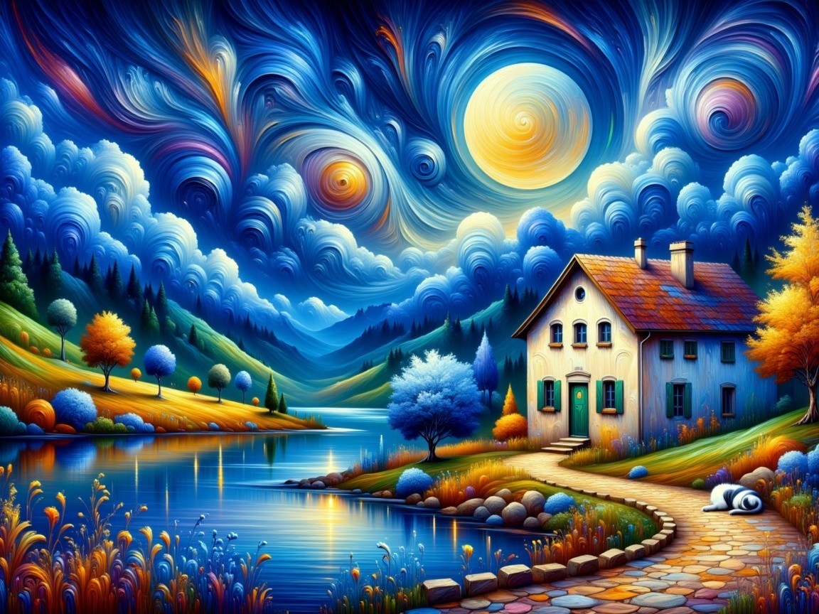 Vibrant Landscape with House by Serene Lake and Hills