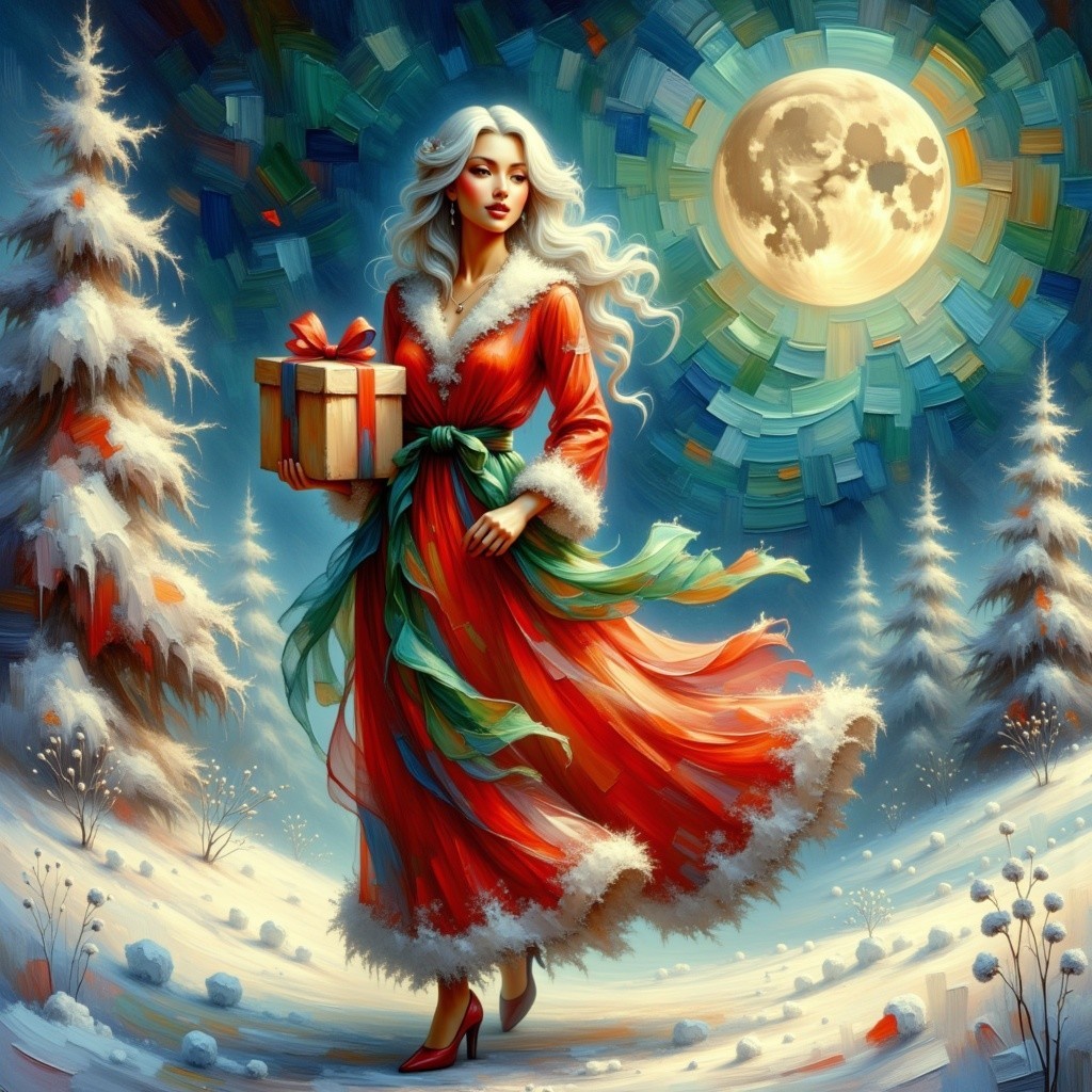 Winter Scene with Woman in Red Gown and Gift